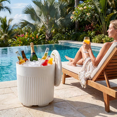 3-in-1 Outdoor Cooler Side Table with Fluted Design for Deck-White