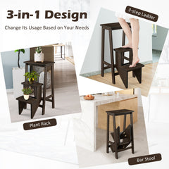 3-in-1 Rubber Wood 3 Tier Folding Step Stool Ladder Storage Shelf-Dark Brown