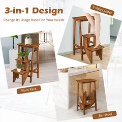 3-in-1 Rubber Wood 3 Tier Folding Step Stool Ladder Storage Shelf-Brown