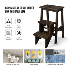 3-in-1 Rubber Wood Step Stool with Convenient Handle-Brown