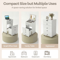 3-in-1 Small Vanity Desk Set with Flip-top Mirror and Lights with Drawers and Stool-White