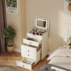 3-in-1 Small Vanity Desk Set with Flip-top Mirror and Lights with Drawers and Stool-White