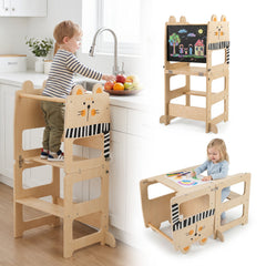 3-in-1 Wooden Kids Toddler Kitchen Step Stool with Blackboard-Black&White