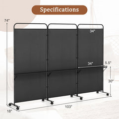 3-Panel Folding Room Divider with 3 Metal Shelves and Lockable Wheels-Black
