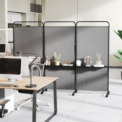3-Panel Folding Room Divider with 3 Metal Shelves and Lockable Wheels-Gray