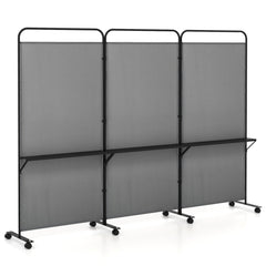 3-Panel Folding Room Divider with 3 Metal Shelves and Lockable Wheels-Gray