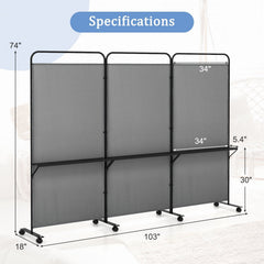 3-Panel Folding Room Divider with 3 Metal Shelves and Lockable Wheels-Gray
