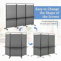 3-Panel Folding Room Divider with 3 Metal Shelves and Lockable Wheels-Gray