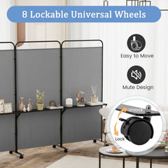 3-Panel Folding Room Divider with 3 Metal Shelves and Lockable Wheels-Gray