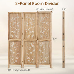 3-Panel Wooden Room Divider with Palm Leaf Design & Paulownia Frame for Home