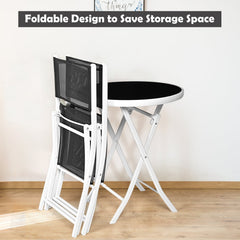 3 Piece Folding Bistro Set, 2 Folding Mesh Chairs and 24 in Round Glass Top Table at Dining Height, Black and White