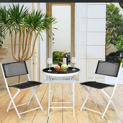 3 Piece Folding Bistro Set, 2 Folding Mesh Chairs and 24 in Round Glass Top Table at Dining Height, Black and White