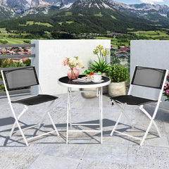 3 Piece Folding Bistro Set, 2 Folding Mesh Chairs and 24 in Round Glass Top Table at Dining Height, Black and White