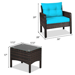3 Piece Outdoor Rattan Conversation Set, 2 Deep Wicker Armchairs Rated 350 lb with Turquoise Cushions and 17.5 in Glass Top Table