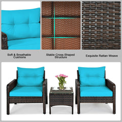 3 Piece Outdoor Rattan Conversation Set, 2 Deep Wicker Armchairs Rated 350 lb with Turquoise Cushions and 17.5 in Glass Top Table