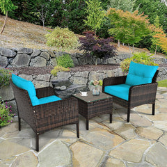 3 Piece Outdoor Rattan Conversation Set, 2 Deep Wicker Armchairs Rated 350 lb with Turquoise Cushions and 17.5 in Glass Top Table