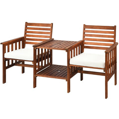 Acacia Wood Patio Loveseat with Built In Two Tier Table and Umbrella Hole, 65 in, 2 Seats Rated 350 lb with Off White Cushions