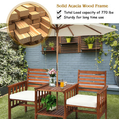 Acacia Wood Patio Loveseat with Built In Two Tier Table and Umbrella Hole, 65 in, 2 Seats Rated 350 lb with Off White Cushions