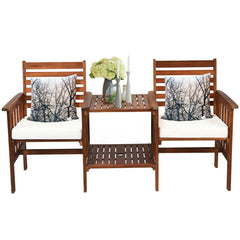 Acacia Wood Patio Loveseat with Built In Two Tier Table and Umbrella Hole, 65 in, 2 Seats Rated 350 lb with Off White Cushions