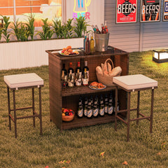 3 Piece Patio Bar Set, Rattan Bar Table with Tempered Glass Top, 2 Tier Storage and 2 Cushioned Stools, Brown