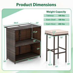 3 Piece Patio Bar Set, Rattan Bar Table with Tempered Glass Top, 2 Tier Storage and 2 Cushioned Stools, Brown