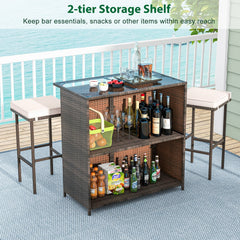 3 Piece Patio Bar Set, Rattan Bar Table with Tempered Glass Top, 2 Tier Storage and 2 Cushioned Stools, Brown