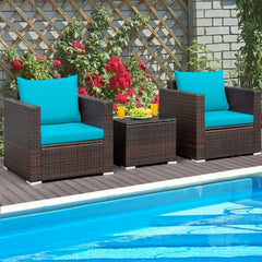 3 Piece Patio Rattan Conversation Set, 2 Wicker Sofas Rated 400 lb with Turquoise Cushions and 20 in Glass Top Coffee Table