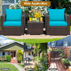 3 Piece Patio Rattan Conversation Set, 2 Wicker Sofas Rated 400 lb with Turquoise Cushions and 20 in Glass Top Coffee Table