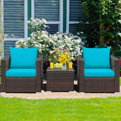 3 Piece Patio Rattan Conversation Set, 2 Wicker Sofas Rated 400 lb with Turquoise Cushions and 20 in Glass Top Coffee Table