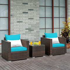 3 Piece Patio Rattan Conversation Set, 2 Wicker Sofas Rated 400 lb with Turquoise Cushions and 20 in Glass Top Coffee Table