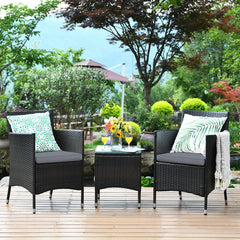 3 Piece Outdoor Wicker Rattan Set, 2 Chairs Rated 355 lb with Grey Cushions and a 16 in Glass Top Table