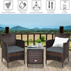 3 Piece Outdoor Wicker Rattan Set, 2 Chairs Rated 355 lb with Grey Cushions and a 16 in Glass Top Table