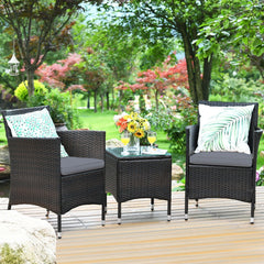 3 Piece Outdoor Wicker Rattan Set, 2 Chairs Rated 355 lb with Grey Cushions and a 16 in Glass Top Table
