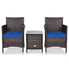3 Piece Outdoor Wicker Rattan Set, 2 Cradle Seat Chairs Rated 355 lb with Navy Cushions and Tempered Glass Coffee Table