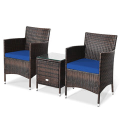 3 Piece Outdoor Wicker Rattan Set, 2 Cradle Seat Chairs Rated 355 lb with Navy Cushions and Tempered Glass Coffee Table