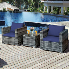 3 Piece Patio Rattan Sofa Set, 2 Grey Wicker Sofas Rated 400 lb with Navy Cushions and 20 in Tempered Glass Coffee Table