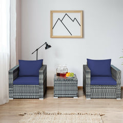 3 Piece Patio Rattan Sofa Set, 2 Grey Wicker Sofas Rated 400 lb with Navy Cushions and 20 in Tempered Glass Coffee Table