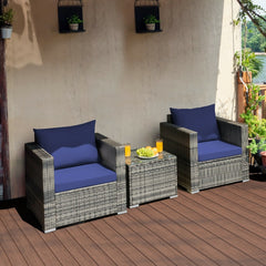 3 Piece Patio Rattan Sofa Set, 2 Grey Wicker Sofas Rated 400 lb with Navy Cushions and 20 in Tempered Glass Coffee Table