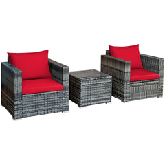 3 Piece Patio Rattan Sofa Set, 2 Grey Wicker Sofas Rated 400 lb with Red Cushions and 20 in Tempered Glass Coffee Table