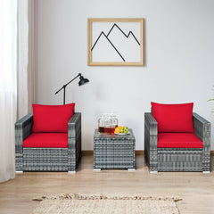 3 Piece Patio Rattan Sofa Set, 2 Grey Wicker Sofas Rated 400 lb with Red Cushions and 20 in Tempered Glass Coffee Table