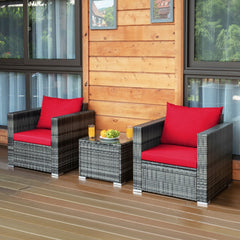 3 Piece Patio Rattan Sofa Set, 2 Grey Wicker Sofas Rated 400 lb with Red Cushions and 20 in Tempered Glass Coffee Table