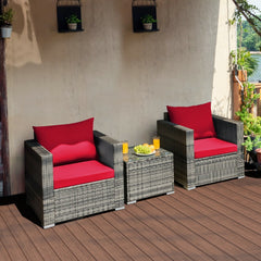 3 Piece Patio Rattan Sofa Set, 2 Grey Wicker Sofas Rated 400 lb with Red Cushions and 20 in Tempered Glass Coffee Table