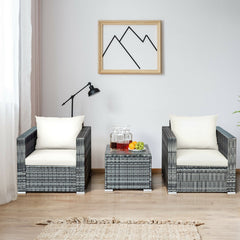 3 Piece Patio Rattan Sofa Set, 2 Grey Wicker Sofas Rated 400 lb with White Cushions and 20 in Tempered Glass Coffee Table