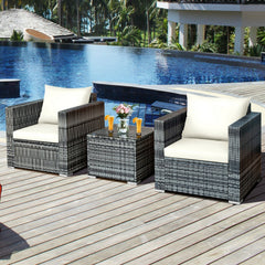 3 Piece Patio Rattan Sofa Set, 2 Grey Wicker Sofas Rated 400 lb with White Cushions and 20 in Tempered Glass Coffee Table