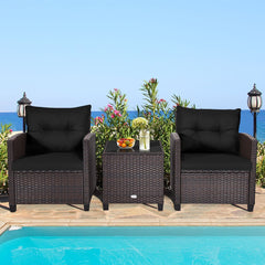 3 Piece Patio Rattan Conversation Set, 2 Wicker Sofas Rated 360 lb with Black Cushions, 21.5 in Seat Height and Glass Top Table