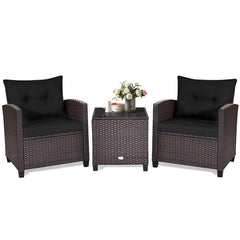 3 Piece Patio Rattan Conversation Set, 2 Wicker Sofas Rated 360 lb with Black Cushions, 21.5 in Seat Height and Glass Top Table