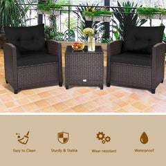 3 Piece Patio Rattan Conversation Set, 2 Wicker Sofas Rated 360 lb with Black Cushions, 21.5 in Seat Height and Glass Top Table