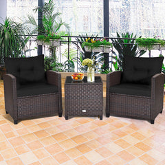 3 Piece Patio Rattan Conversation Set, 2 Wicker Sofas Rated 360 lb with Black Cushions, 21.5 in Seat Height and Glass Top Table
