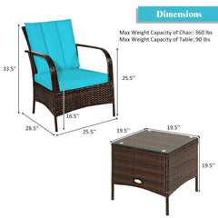 3 Piece Patio Rattan Conversation Set, 2 Chairs Rated Around 360 lb with Rattan Wrapped Armrests, Turquoise Cushions and Glass Top Table