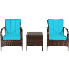 3 Piece Patio Rattan Conversation Set, 2 Chairs Rated Around 360 lb with Rattan Wrapped Armrests, Turquoise Cushions and Glass Top Table